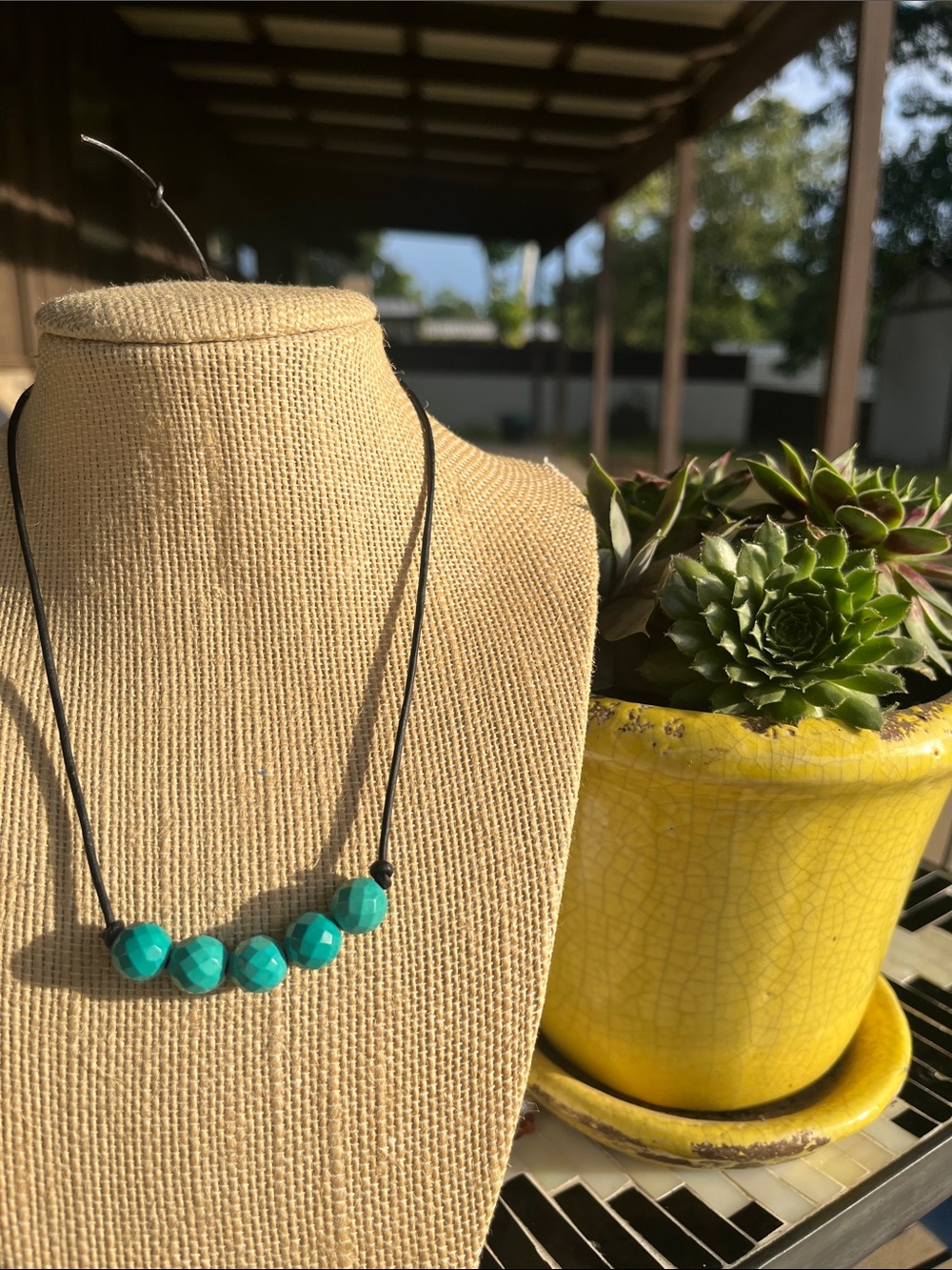 Boho Turquoise Faceted Bead Cord Necklace - Women Jewelry